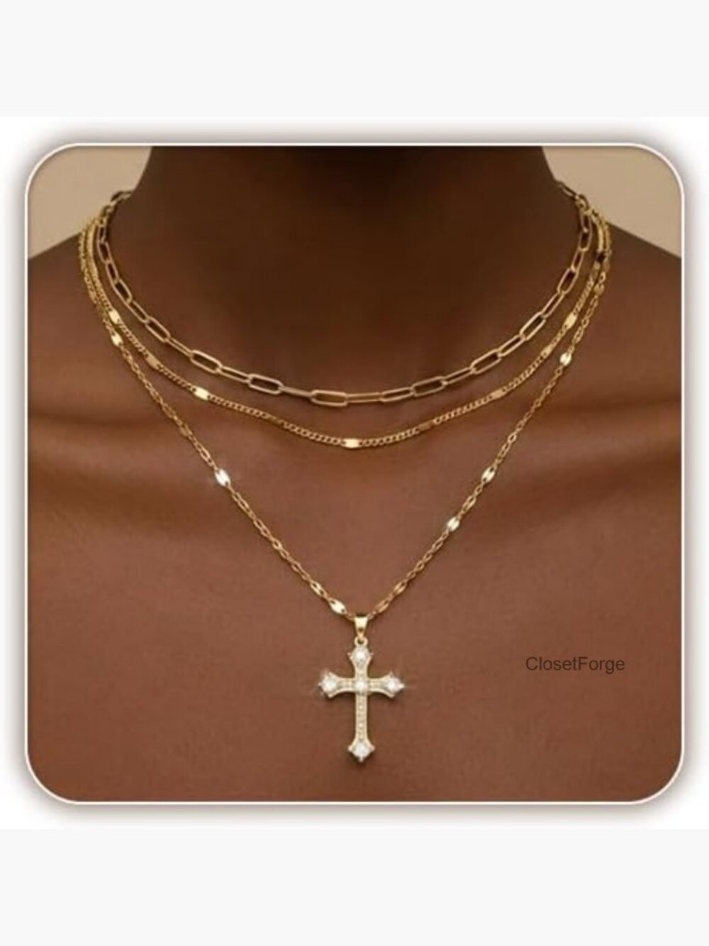 3-Layer Gold Plated Paperclip Snake Chain Necklace Set with Cross Pendant